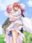  2girls ahoge artist_name blue_eyes blue_sky blush_stickers breasts bridal_gauntlets brown_eyes chiyoda_momo cleavage cloud cruvie day demon_girl demon_horns demon_tail dress eye_contact fang flower grass hair_ornament hair_ribbon hairclip high_heels highres horns hug hut large_breasts lifting_person long_hair looking_at_another machikado_mazoku multiple_girls open_mouth outdoors petals pink_hair red_hair ribbon shoes short_hair skin_fang sky smile tail thighhighs wedding_dress wife_and_wife yoshida_yuuko_(machikado_mazoku) yuri 