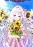 1girl :d ahoge alternate_costume blue_archive blue_sky blurry bow casual checkered_clothes checkered_dress cloud cloudy_sky commentary_request cowboy_shot demon_girl demon_horns depth_of_field dress english_text field flower flower_field forehead hair_bow hair_ornament hair_ribbon hairclip halo head_tilt highres hina_(blue_archive) holding holding_flower horns jin_young-in long_hair looking_at_viewer outdoors parted_bangs pink_dress purple_eyes reaching reaching_towards_viewer ribbon sidelocks sky smile solo sundress sunflower sunflower_field wavy_hair white_hair 