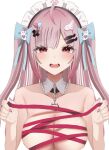  1girl ahoge black_choker blush bow breasts cat_choker choker cleavage closed_mouth collarbone fang fingernails fish_hair_ornament ghost_hair_ornament hair_bow hair_ornament hairclip heart heart_hair_ornament holding holding_ribbon indie_virtual_youtuber large_breasts long_hair looking_at_viewer maid_headdress nail_polish naked_ribbon nude nyuubara o-ring o-ring_choker paw_print pink_eyes pink_hair pink_nails pink_ribbon ribbon simple_background smile solo two_side_up virtual_youtuber white_background wing_hair_ornament yuuki_sakuna 