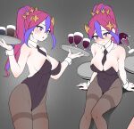  1girl absurdres between_breasts blush breasts broken_cup commission cup detached_collar drinking_glass duel_monster earrings hair_ornament high_ponytail highres holding holding_tray jewelry kkam-sang leotard multicolored_hair necktie necktie_between_breasts pantyhose pink_hair playboy_bunny ponytail purple_eyes purple_hair short_necktie solo star_(symbol) star_hair_ornament sweat tray wine_glass witchcrafter_edel wrist_cuffs yu-gi-oh! 
