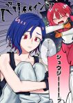  1boy 1girl amate_yuzuriha blue_hair blush bodysuit breaking breaking_through_wall breasts commentary_request gundam gundam_gquuuuuux highres hugging_own_legs mecha_pilot_suit multicolored_bodysuit multicolored_hair normal_suit_(gundam) open_mouth pants purple_hair red_eyes red_hair science_fiction short_hair shuji_ito speech_bubble tank_top translation_request two-tone_hair yuyuyuno 