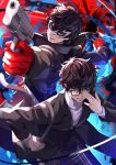  1boy absurdres amamiya_ren black_coat black_eyes black_hair black_jacket coat dual_wielding eye_mask finger_on_trigger glasses gun highres holding holding_gun holding_weapon jacket joker_(persona_5) persona persona_5 red_background short_hair uedrk_yamato weapon white_mask 