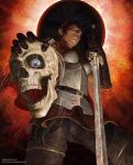  1girl @_(symbol) armor artist_name berserk black_hair blue_eyes boobplate breastplate casca_(berserk) commentary cuirass dark-skinned_female dark_skin eclipse english_commentary gloves gmail highres holding holding_skull holding_weapon italomateusart long_hair short_hair skull solo sword weapon 