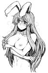  :&lt; animal_ears blush breast_hold breasts bunny_ears collarbone crossed_arms greyscale highres itou_yuuji large_breasts long_hair monochrome nipples nude reisen_udongein_inaba sitting solo sweat touhou upper_body 