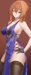  1girl absurdres black_gloves black_thighhighs breasts brown_background brown_hair casperrin china_dress chinese_clothes collarbone commentary covered_navel covered_nipples cowboy_shot cross-laced_clothes cross-laced_dress dress english_commentary floral_print girls&#039;_frontline girls&#039;_frontline_2:_exilium gloves gradient_background green_eyes hair_between_eyes halter_dress halterneck hand_on_own_hip highres large_breasts long_hair looking_at_viewer no_panties pelvic_curtain purple_dress smile solo springfield_(girls&#039;_frontline) springfield_(girls&#039;_frontline_2) thighhighs 