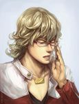  adjusting_eyewear artist_name barnaby_brooks_jr blonde_hair closed_eyes eyelashes glasses jacket jewelry joyce_hui male_focus md5_mismatch necklace realistic red_jacket resized solo tiger_&amp;_bunny upscaled watermark web_address zipper 