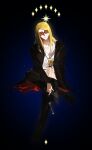  1boy abs absurdres black_nails black_pants black_shoes blonde_hair blue_eyes coat diamond_(shape) fate/grand_order fate_(series) flapper_shirt fui_(fui29493452) gun handgun highres holding holding_gun holding_weapon light_particles light_smile long_hair long_sleeves male_focus medallion original pants pectorals shadow shirt shoes solo star_(symbol) star_symbol_background sunglasses tezcatlipoca_(fate) tezcatlipoca_(first_ascension)_(fate) trench_coat underlighting weapon 