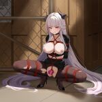  1girl absurdres admiral_zenker_(azur_lane) admiral_zenker_(fun_with...interrogations?)_(azur_lane) arms_behind_back azur_lane bdsm black_choker black_horns black_jacket black_shoes black_skirt bondage bound bound_arms bound_legs breast_bondage breasts brown_pantyhose chain-link_fence choker commentary_request crotch_rope crotchless crotchless_pantyhose dildo fence frogtie high_heels highres horns indoors jacket jiang_qian_xiao large_breasts long_hair long_sleeves looking_at_viewer miniskirt nipples object_insertion office_lady official_alternate_costume pantyhose pink_eyes pink_hair red_rope red_streaks rope sex_toy shibari shibari_over_clothes shirt shoes skirt solo squatting stone_floor torn_clothes torn_pantyhose vaginal vaginal_object_insertion very_long_hair white_hair white_shirt wooden_box 