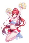  1girl akane_lize armpits blonde_hair breasts cheerleader cleavage full_body grey_eyes grey_hair highres holding holding_pom_poms looking_at_viewer mole mole_under_eye multicolored_hair navel one_eye_closed open_mouth pom_pom_(cheerleading) red_hair red_skirt shoes simple_background skirt smile socks solo soymilk_arts2 stellive stomach streaked_hair virtual_youtuber white_background white_shoes white_socks 