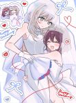  2girls absurdres blue_eyes bouquet bridal_veil carrying closed_eyes closed_mouth commentary dress flower girls_band_cry gloves grey_eyes grey_hair hamchan69 heart highres holding holding_bouquet husband_and_wife iseri_nina kawaragi_momoka multiple_girls open_mouth princess_carry red_flower red_hair red_rose rose short_hair smile tiara veil wedding_dress white_dress white_gloves yuri 