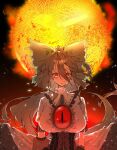  1girl arm_cannon bird_wings black_background black_hair black_wings bow center_frills corset facing_viewer frilled_shirt_collar frilled_sleeves frills green_bow hair_between_eyes hair_bow highres long_hair looking_at_viewer oku_(ewfy25) red_eyes reiuji_utsuho shirt short_sleeves signature solo sun third_eye third_eye_on_chest touhou upper_body weapon white_shirt wings 