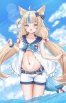  1girl absurdres ahoge animal_ears bikini blonde_hair blue_bikini blue_eyes blue_hair blue_sky blush breasts cat_ears cloud commentary dress fins fish_girl fish_tail highres indie_virtual_youtuber long_hair low_twintails multicolored_hair one_side_up open_mouth sameko_saba shorts sky sleeveless sleeveless_dress small_breasts solo streaked_hair swimsuit symbol-only_commentary tail twintails varo_006 very_long_hair virtual_youtuber water white_dress white_shorts 