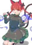  1girl absurdres animal_ears black_bow black_dress black_ribbon black_shoes bow cat_ears cat_girl cat_tail commentary dress fang frilled_dress frills full_body hair_bow highres hitodama kaenbyou_rin leg_ribbon long_sleeves looking_at_viewer multiple_tails nora_koutya open_mouth patterned_clothing red_eyes red_hair ribbon shoes simple_background skull smile solo tail touhou two_tails white_background 