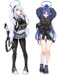  2girls absurdres adjusting_hair alternate_costume alternate_hairstyle ammunition_pouch arms_up as_val assault_rifle black_halo black_sweater black_thighhighs blue_archive bulletproof_vest closed_mouth clov3r cowboy_shot daewoo_k1 earpiece eotech feet_out_of_frame full_body grey_skirt gun gun_sling hair_between_eyes halo highres holding holding_weapon legs_together load_bearing_vest long_hair long_sleeves looking_at_viewer magazine_(weapon) mechanical_halo millennium_science_school_logo miniskirt mouth_hold multiple_girls noa_(blue_archive) pleated_skirt ponytail pouch puffy_long_sleeves puffy_sleeves purple_eyes purple_hair ribbon ribbon_in_mouth rifle shirt simple_background skirt smile standing suppressor sweater thighhighs tying_hair very_long_hair weapon white_background white_hair white_halo white_shirt yuuka_(blue_archive) 