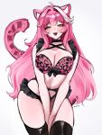  1girl :d ahoge animal_ear_fluff animal_ears animal_print black_choker black_garter_belt black_thighhighs blush bra breasts cat_ears cat_girl cat_tail choker cleavage fangs frills garter_belt hair_intakes highres hololive hololive_english large_breasts leopard_print long_hair looking_at_viewer microskirt multicolored_hair navel open_mouth pink_bra pink_hair print_bra raora_panthera sakichka simple_background skirt smile solo streaked_hair tail thighhighs thighs underwear very_long_hair virtual_youtuber white_background yellow_eyes 