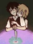  2girls 5boys aubrey_(headspace)_(omori) aubrey_(omori) basil_(faraway)_(omori) basil_(omori) black_eyes black_hair black_sweater_vest collared_shirt flower green_sweater_vest hair_flower hair_ornament hero_(headspace)_(omori) hero_(omori) highres holding holding_knife kel_(headspace)_(omori) kel_(omori) knife mari_(headspace)_(omori) mari_(omori) multiple_boys multiple_girls omori omori_(omori) open_mouth ottie_pops parted_lips purple_hair shirt short_hair sunny_(omori) sweater_vest teeth upper_teeth_only white_shirt 