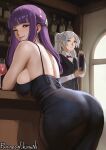  2girls absurdres ass bar_(place) bartender black_dress black_vest bow bowtie breasts cocktail_shaker cup dress drinking_glass elf fern_(sousou_no_frieren) frieren from_behind green_eyes highres kirani large_breasts leaning_forward long_hair looking_back motion_blur multiple_girls one_eye_closed pointy_ears purple_eyes purple_hair red_bow red_bowtie sideboob sousou_no_frieren twintails vest white_hair wine_glass 