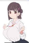  1girl art_program_in_frame bad_id bad_twitter_id black_skirt blunt_bangs blunt_ends blush bolo_tie breast_pocket breasts brown_hair clenched_hands closed_mouth collared_shirt commentary_request dress_shirt hair_bun hair_ornament hairclip highres large_breasts original osakana_(kitasisn) pocket purple_eyes sakazaka-chan_(osakana) shirt shirt_tucked_in short_hair simple_background single_hair_bun skirt solo upper_body v-shaped_eyebrows white_background white_shirt 