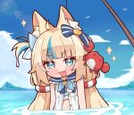  1girl ahoge animal_ear_fluff animal_ears blonde_hair blue_eyes blue_hair blue_sky blush cat_ears cloud dress fang fishing_rod highres indie_virtual_youtuber kukie-nyan long_hair looking_at_viewer low_twintails multicolored_hair one_side_up sameko_saba sky sleeveless sleeveless_dress streaked_hair twintails very_long_hair virtual_youtuber water white_dress 