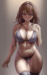  1girl ass_visible_through_thighs bikini breasts brown_eyes brown_hair cleavage commentary cowboy_shot grey_background grey_bikini grey_thighhighs hand_on_own_hip highres large_breasts looking_at_viewer medium_breasts original rokuba solo swimsuit symbol-only_commentary thigh_gap thighhighs 