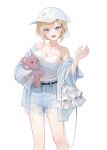  1girl :d armpits bag bare_shoulders baseball_cap belt blonde_hair blue_jacket breasts camisole cleavage collarbone denim denim_shorts earrings feet_out_of_frame frayed_shorts green_eyes hair_ornament hairclip handbag hat highres holding holding_stuffed_toy jacket jewelry kurumi_noah looking_at_viewer magako medium_breasts midriff_peek navel necklace off_shoulder parted_bangs short_hair shorts simple_background smile solo stud_earrings stuffed_animal stuffed_toy teddy_bear teeth torn_clothes torn_shorts upper_teeth_only virtual_youtuber vspo! watch white_background white_camisole white_hat white_nails wristwatch 