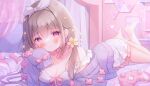  1girl barefoot bed bedroom blush bow breasts brown_hair cable cardigan cleavage closed_mouth controller curtains dress flower full_body game_controller hanakumo_rin_(vtuber) headphones highres indoors long_sleeves looking_at_viewer low_twintails lying medium_breasts neck_ribbon official_art omochi_monaka on_stomach pink_bow pink_ribbon propro_production purple_cardigan purple_eyes ribbon signature sleeve_bow sleeves_past_fingers sleeves_past_wrists solo strap_slip twintails unworn_headphones virtual_youtuber white_dress yellow_flower 