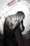  1boy black_coat black_hair blood blood_splatter blue_eyes coat covering_face hand_on_own_face highres leaning_forward looking_at_viewer male_focus one_eye_covered original short_hair slashing slouching solo spot_color upper_body wuruko 
