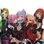  5girls absurdres black_jacket blonde_hair blue_eyes blue_hair breasts brown_eyes brown_hair cleavage colored_sclera double_bun eyebrows_behind_hair green_eyes green_hair hair_ornament head_tilt heart heart_hair_ornament heterochromia highres horns jacket macross macross_delta macross_delta:_zettai_live!!!!!! medium_breasts momoman_(mochinko84) multicolored_hair multiple_girls navel open_mouth parted_lips purple_eyes purple_hair red_hair red_sclera shrug_(clothing) single_horn smile streaked_hair white_background yami_freyja yami_kaname yami_makina yami_q_ray yami_reina yamikumo 