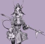 2025 4chan_anon 5_fingers accessory anthro armor bangs bent_arm biped black_and_white blindfold burmecian claws clothed clothed_anthro clothed_female clothing cosplay covered_eyes crossover crossover_cosplay digital_media_(artwork) dress female final_fantasy final_fantasy_ix finger_claws fingers freya_crescent front_view furgonomics hair headgear helmet holding_melee_weapon holding_object holding_polearm holding_spear holding_weapon legwear leotard mammal markings melee_weapon mole_(marking) monochrome mouth_closed murid murine nier_automata pink_nose platinumgames polearm portrait purple_background rat rat_tail ribbons rodent simple_background solo spear spot_color square_enix standing tail tail_accessory tail_ribbon thigh_highs three-quarter_portrait unknown_artist weapon yorha_2b