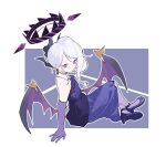  black_halo blue_archive demon_girl demon_horns demon_wings dress earrings evening_gown gloves halo highres hina_(blue_archive) hina_(dress)_(blue_archive) horns jewelry long_hair necklace off_shoulder pantyhose pendant purple_dress purple_eyes purple_gloves ruiki_(yuaa3578) simple_background sitting white_hair wings 
