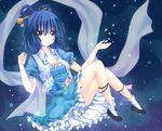  bad_id bad_pixiv_id bare_legs blue_eyes blue_hair collarbone dress flower hair_ornament hair_rings hair_stick highres ikeda_hazuki kaku_seiga shawl short_hair smile solo touhou white_legwear 