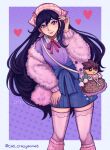  1girl basket black_hair blue_shorts border bright_pupils buttons character_doll closed_mouth crazyanime3 doll double-parted_bangs eyebrows_hidden_by_hair feet_out_of_frame fingernails floral_print flower fur_jacket grey_border hair_behind_ear hair_between_eyes hakama hakama_shorts hand_on_own_thigh hand_up headscarf heart heart_background hero_(faraway)_(omori) hero_(omori) highres holding holding_own_hair jacket japanese_clothes kneehighs leaning_to_the_side lily_of_the_valley lips long_hair long_sleeves looking_at_viewer mari_(birthday)_(omori) mari_(faraway)_(omori) mari_(omori) neck_ribbon official_alternate_costume omori outside_border pink_headscarf pink_jacket pink_socks pink_thighhighs puffy_long_sleeves puffy_sleeves purple_background purple_eyes purple_shirt red_ribbon ribbed_socks ribbon shirt shirt_tucked_in shorts simple_background smile socks solo standing thighhighs twitter_username very_long_hair watermark white_flower white_pupils 