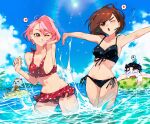  1boy 2girls armpits ayase_momo bikini bikini_skirt black_bikini black_hair blue_sky blush breasts brown_eyes brown_hair cat cesar_art456 closed_eyes closed_mouth cloud commentary_request cowboy_shot dandadan day earrings front-tie_bikini_top front-tie_top glasses heart highres innertube jewelry large_breasts lens_flare mr._mantis_shrimp multiple_girls ocean one_eye_closed open_mouth outdoors outstretched_arms partially_submerged pink_eyes pink_hair polka_dot polka_dot_bikini red_bikini round_eyewear shiratori_aira_(dandadan) short_hair side-tie_bikini_bottom simple_bird sky smile spanish_commentary speech_bubble splashing spoken_heart spoken_x spread_arms standing sun swim_ring swimsuit takakura_ken_(dandadan) turbo_granny_(dandadan) ufo wading water water_drop wet 