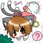  ? animal_ears annyui barefoot blush brown_eyes brown_hair cat_ears chen cursor directional_arrow falling gap hat jewelry multiple_tails shoes single_earring single_shoe solo tail touhou 