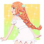  1girl :d absurdres alternate_hairstyle armpit_crease bare_shoulders blunt_bangs blush braid choker dress flower from_behind gradient_background green_background green_eyes hair_flower hair_ornament highres kingdom_hearts kingdom_hearts_iv kingdom_hearts_x long_hair looking_at_viewer orange_hair short_dress single_braid smile solo sparkle strelitzia_(kingdom_hearts) very_long_hair w3n6ev white_choker white_dress x_hair_ornament yellow_background 