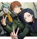  1girl 2boys brown_hair challia_bull comoli_harcourt facial_hair facing_viewer gradient_eyes green_eyes green_hair green_jacket gundam gundam_gquuuuuux highres jacket jonburrrr long_sleeves looking_at_viewer mask military_rank_insignia military_uniform mole mole_under_eye mole_under_mouth multicolored_eyes multiple_boys mustache open_mouth short_hair smile v xavier_olivette 
