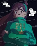  1girl artist_name brown_eyes brown_hair crossed_arms earrings english_text gravity_falls green_hairband green_sweater hairband highres jewelry mabel_pines patreon_username solo speech_bubble star_(symbol) star_earrings swain_(artist) sweater turtleneck turtleneck_sweater web_address 