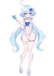  1girl absurdres ahoge alternate_costume armband blue_bow blue_eyes blue_flower blue_hair blue_pupils blush bow bracelet breasts closed_mouth collarbone commentary_request covered_navel covering_crotch covering_privates cup drop-shaped_pupils flower footwear_bow frilled_armband frills full_body furina_(genshin_impact) genshin_impact hair_between_eyes hair_flower hair_ornament hand_up heterochromia highleg highleg_one-piece_swimsuit highres holding holding_cup ineka_ka jewelry long_hair looking_at_viewer medium_breasts multicolored_hair one-piece_swimsuit pearl_bracelet purple_flower side-tie_one-piece_swimsuit simple_background skindentation solo standing streaked_hair striped_bow sweat swimsuit symbol-shaped_pupils thigh_strap very_long_hair white_armband white_background white_bow white_hair white_one-piece_swimsuit 