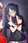  2girls bag black_hair black_shirt blush closed_eyes crossed_arms double_thumbs_up gel_p glasses highres idolmaster idolmaster_shiny_colors mitsumine_yuika multiple_girls open_mouth print_skirt round_eyewear scrunchie shirt shoulder_bag skirt thumbs_up towel towel_around_neck twintails white_mouth white_skirt wrist_scrunchie wristband 