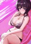  1girl asaka_karin bare_arms black_hair blue_eyes blunt_bangs blush breasts cleavage highres large_breasts looking_at_viewer love_live! love_live!_nijigasaki_high_school_idol_club medium_hair neck pink_background pisagi purple_eyes smile solo swimsuit thighs 