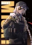  1girl alternate_costume ammunition_pouch assault_rifle baseball_cap black_gloves braid bulletproof_vest character_charm character_name charm_(object) closed_mouth commentary_request embers emile_aoi english_text eyepatch fingerless_gloves gas_mask girls&#039;_frontline gloves gun hat highres hood hooded_jacket jacket long_braid long_hair looking_at_viewer m16 m16a1 m16a1_(boss)_(girls&#039;_frontline) m16a1_(girls&#039;_frontline) m4a1_(girls&#039;_frontline) mask mole mole_under_eye multicolored_hair pouch rifle scar scar_across_eye scar_on_face simple_background solo streaked_hair tom_clancy&#039;s_the_division two-tone_hair upper_body watch weapon weapon_name white_hair wristwatch yellow_eyes yellow_jacket 