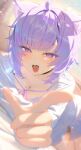  1girl :d absurdres animal_collar animal_ears bed_sheet black_collar blunt_bangs blurry blurry_background breasts cat_ears cat_girl cat_tail cleavage collar collared_shirt commentary_request depth_of_field dress_shirt dutch_angle fang heart heart_in_eye highres hololive large_breasts looking_at_viewer lying medium_hair messy_hair naked_shirt neck_ribbon nekomata_okayu nekomata_okayu_(oversized_shirt) official_alternate_costume official_alternate_hairstyle on_side pointing pointing_at_viewer purple_eyes purple_hair purple_ribbon ribbon shirt skin_fang slit_pupils smile solo symbol_in_eye tail virtual_youtuber white_shirt yusha_(lv1_yusha_522) 