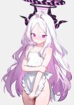  ahoge apron black_halo blue_archive blush breasts demon_girl demon_horns halo highres hina_(blue_archive) horns imno_ir long_hair looking_at_viewer naked_apron no_panties off_shoulder purple_eyes simple_background small_breasts standing white_background white_hair 