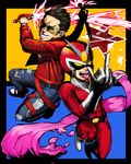  black_hair boots crossover denim dual_wielding elbow_gloves energy_sword facial_hair gloves goatee helmet holding jacket jeans male_focus multiple_boys no_more_heroes pants red_hair red_jacket scarf sunglasses superhero sword tochigai tongue travis_touchdown viewtiful_joe viewtiful_joe_(character) weapon white_gloves 