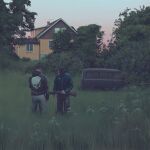 2boys adidas building car denim flower grass gun highres hood hood_down hoodie house jacket jeans motor_vehicle multiple_boys pants rust short_hair shotgun simon_stalenhag skull_print swedish_machines track_jacket tree very_short_hair weapon wisteria 
