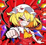  1girl ascot blonde_hair breaking clenched_hand crystal crystal_wings fang flandre_scarlet grin hat hat_ribbon highres looking_at_viewer mob_cap puffy_sleeves red_background red_eyes red_ribbon red_vest ribbon short_sleeves side_ponytail smile solidus_(sword_cube) solo touhou upper_body vest wings yellow_ascot 