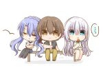  ... 1boy 2girls :&lt; :o black_pantyhose blue_eyes blue_hair blush braid brown_eyes brown_hair chibi chibi_only closed_eyes closed_mouth clothing_aside collared_shirt commentary_request crown_braid dress eyes_visible_through_hair food frown full_body girl_sandwich grey_shirt hair_between_eyes holding holding_food holding_popsicle jealous long_hair looking_at_viewer multiple_girls naruse_shiroha on_bench open_clothes open_mouth open_shirt pantyhose popsicle sandwiched shirt short_dress short_hair short_sleeves side-by-side sidelocks simple_background sitting sorakado_ao speech_bubble spoken_ellipsis summer_pockets sweatdrop takahara_hairi ura_(ura-tennislove) v-shaped_eyebrows very_long_hair watermelon_bar white_background white_dress white_hair white_shirt 