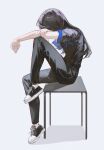  1girl absurdres bang_dream! bang_dream!_it&#039;s_mygo!!!!! black_hair black_pants black_shirt black_shoes full_body highres long_hair pants shadow shiina_taki shirt shoes short_sleeves sitting solo table undersuito50673 