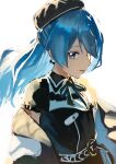  1girl a_shime absurdres backlighting beret black_hat blue_eyes blue_hair bow bow_earrings bright_background collar collared_shirt commentary earrings floating_hair green_ribbon hair_between_eyes hashtag-only_commentary hat highres hololive hoshimachi_suisei hoshimachi_suisei_(casual) jacket jacket_partially_removed jewelry light_smile long_hair looking_at_viewer o-ring off_shoulder official_alternate_costume official_alternate_hairstyle open_clothes open_jacket quilted_headwear ribbon shirt simple_background single_earring solo star_(symbol) star_in_eye symbol_in_eye thigh_strap virtual_youtuber white_background 
