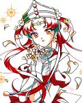  1990s_(style) 1girl aqua_hat artist_name bad_id bad_twitter_id bare_arms bare_shoulders bishoujo_senshi_sailor_moon bishoujo_senshi_sailor_moon_stars blue_ribbon circlet closed_mouth collared_shirt commentary cowboy_shot crop_top detached_sleeves earrings english_commentary eyelashes eyeshadow faux_retro_artstyle flower flower_earrings flower_knot hair_flower hair_ornament hair_rings happy hat highres holding holding_flower honeymoonpetal jewelry lipstick long_hair looking_at_viewer magical_girl makeup midriff miniskirt nail_polish navel neck_flower neck_ribbon orange_eyes own_hands_together parted_bangs petals pink_eyeshadow pleated_skirt princess_kakyuu puffy_short_sleeves puffy_sleeves red_eyeshadow red_hair red_lips red_nails red_sailor_collar red_shirt red_skirt red_sleeves retro_artstyle ribbon sailor_collar sailor_kakyuu shirt short_sleeves simple_background skirt skirt_set sleeveless sleeveless_shirt smile solo sparkle star_(symbol) two-tone_eyeshadow very_long_hair watermark white_background white_flower 